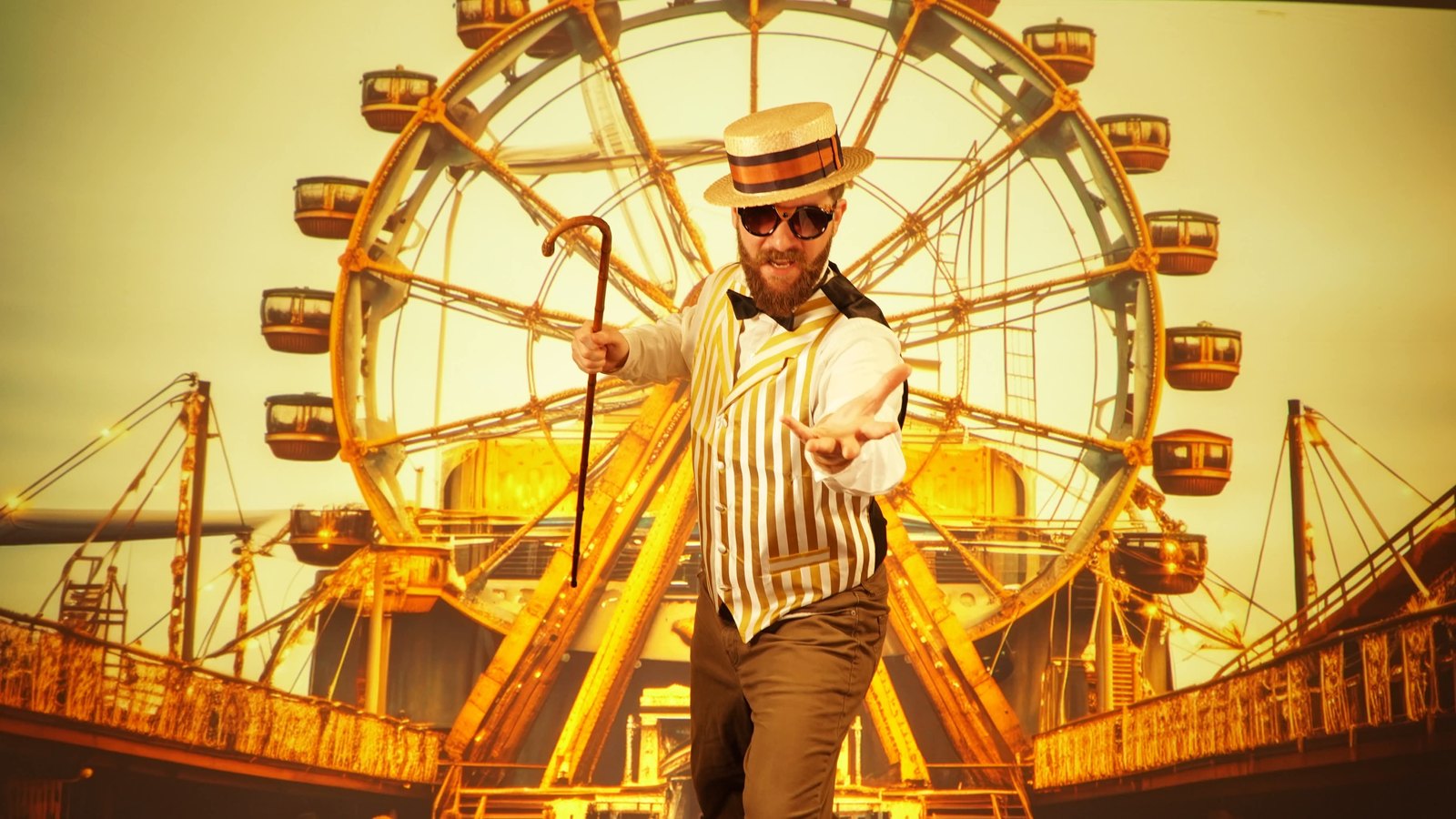 Chad Canfield in theatrical performance attire at a fairground